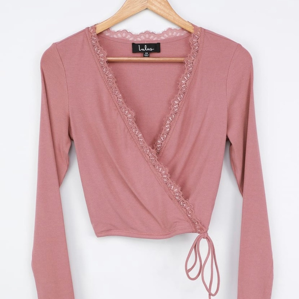 Lulus Mauve Ribbed Lace Long Sleeve Crop Top